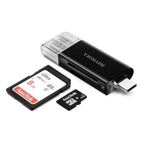 YAOMAISI Q25 2-in-1 USB 3.0 naar Type-C metalen geheugenkaartlezer, SD / TF-kaart (zwart) YAOMAISI Q25 2-in-1 USB 3.0 naar Type-C metalen geheugenkaartlezer, SD / TF-kaart (zwart)
