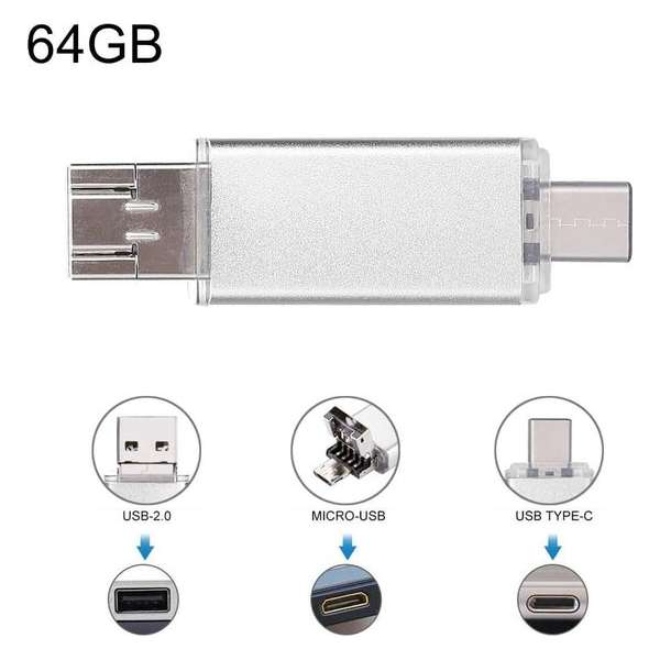 64 GB 3-in-1 USB-C / Type-C + USB 2.0 + OTG-flitsschijf, voor Type C-smartphones en pc-computer (zilver) 64 GB 3-in-1 USB-C / Type-C + USB 2.0 + OTG-flitsschijf, voor Type C-smartphones en pc-computer (zilver)