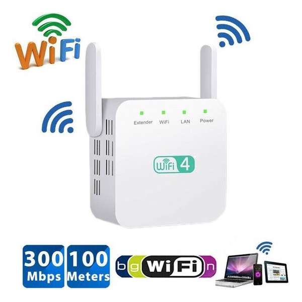 DrPhone WR1 - Wifi Versterker / Range Extender- 300mbps - 2.4Ghz - 30 Meter - High Speed Repeater - Antenne Hotspot - Wit