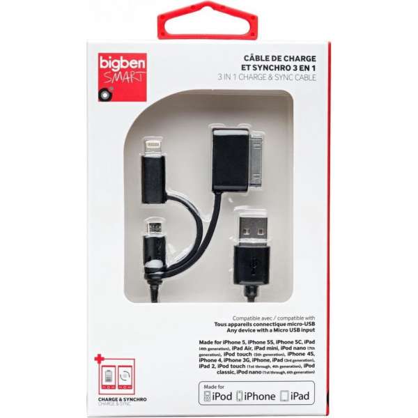 Bigben Interactive CABLE3EN1 USB-kabel 1 m USB A Micro-USB B Zwart Bigben Interactive CABLE3EN1 USB-kabel 1 m USB A Micro-USB B Zwart