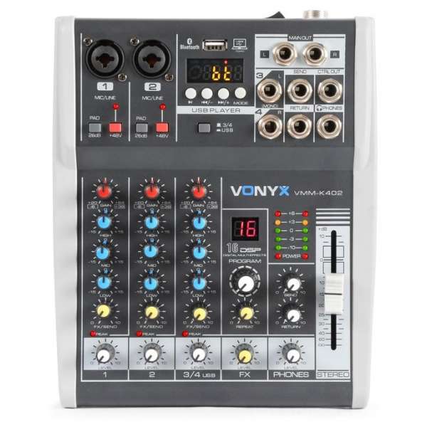 Vonyx VMM-K402 4-kanaals muziekmixer met Bluetooth, Echo, USB en recording mogelijkheid