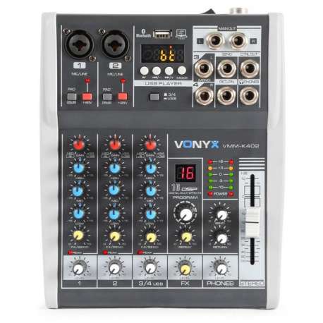 Vonyx VMM-K402 4-kanaals muziekmixer met Bluetooth, Echo, USB en recording mogelijkheid