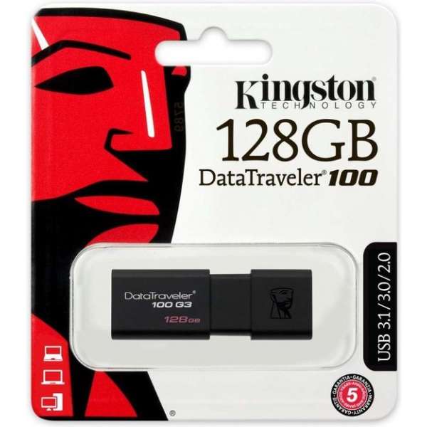 Kingston DataTraveler 100 G3 128GB USB Stick 3.0 Flash Drive - Zwart
