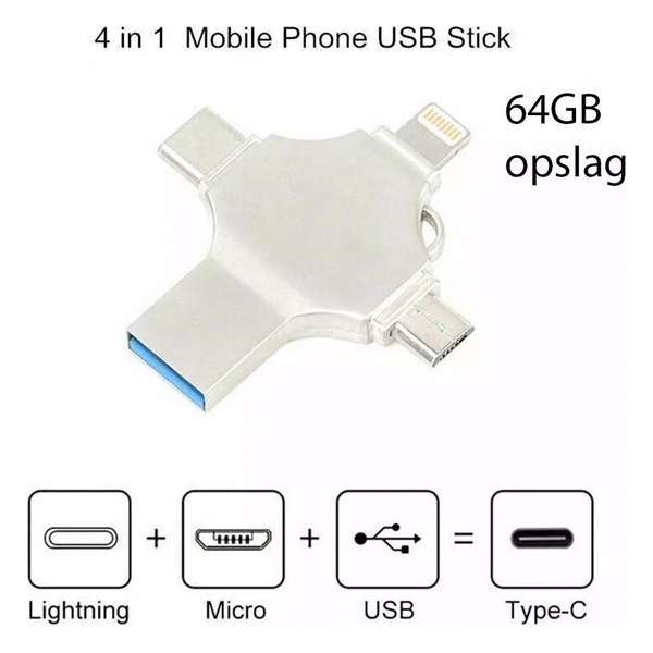 iPhone iPad iPod Smart phone Samsung (4 in 1) Lightning USB-stick Flashdrive 3.0 Extern Geheugen - 64 GB