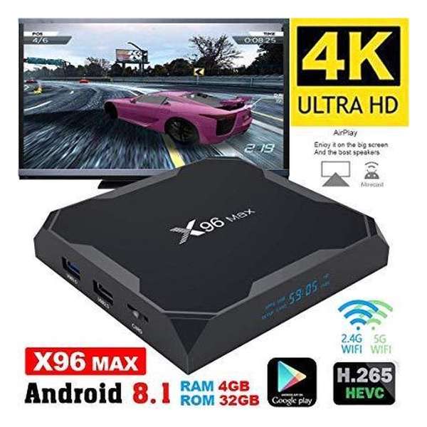 TVBOX X96 MAX AMLOGIC S905X2 Quadcore 2.0Ghz Android 8.1 met 4GB RAM en 32GB ROM TVBOX X96 MAX AMLOGIC S905X2 Quadcore 2.0Ghz Android 8.1 met 4GB RAM en 32GB ROM