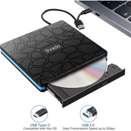 Thredo Externe DVD/CD speler voor laptop / computer met USB aansluiting voor Windows/Mac