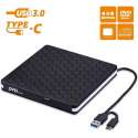 DrPhone DW3 Draagbaar Externe CD DVD +/- RW Optische drive - USB 3.0 & Type-C - Brander - Rewriter -  Writer Reader – Zwart