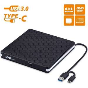 DrPhone DW3 Draagbaar Externe CD DVD +/- RW Optische drive - USB 3.0 & Type-C - Brander - Rewriter -  Writer Reader – Zwart