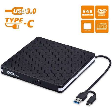 DrPhone DW3 Draagbaar Externe CD DVD +/- RW Optische drive - USB 3.0 & Type-C - Brander - Rewriter -  Writer Reader – Zwart