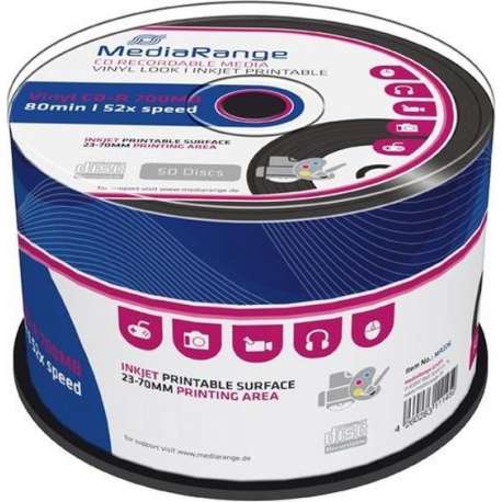 MediaRange CD-R 700 MB Inkjet Printable Black Vinyl 50 stuks