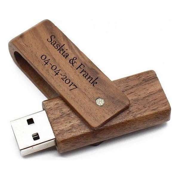 Walnoot hout uitklap usb stick met naam tekst of logo bedrukken
