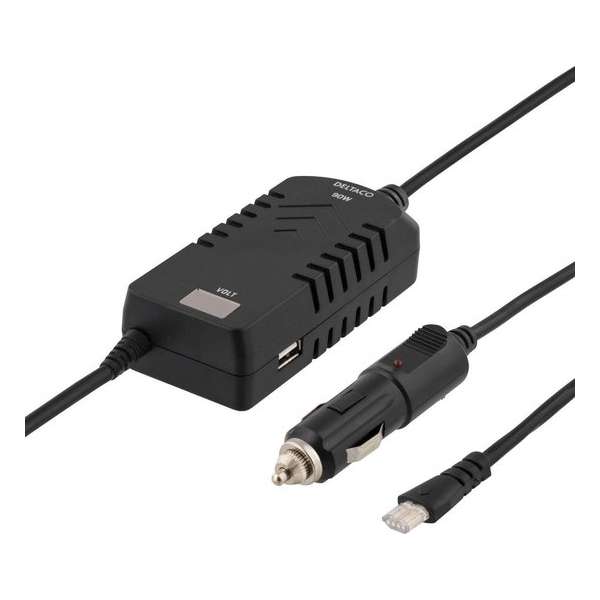 DELTACO SDR-90WDU, Universele Autolader voor Laptops, 15-20V 4,66A 90W, LED Display, Verschillende Connectors, USB Poort, Zwart