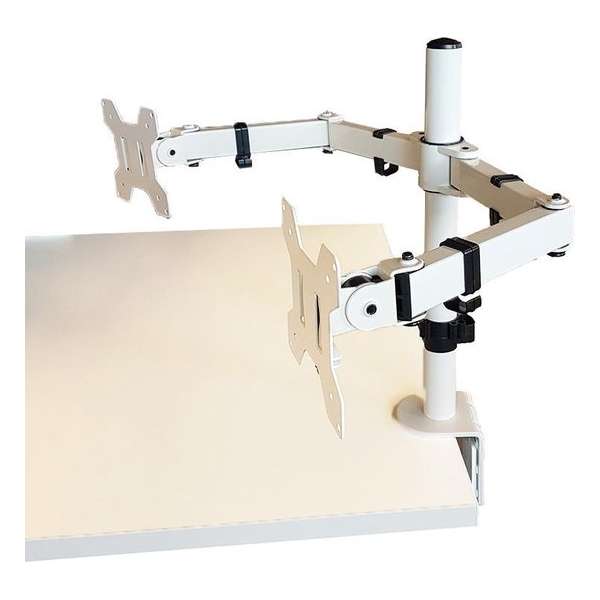 Monitor Arm Universeel 2 schermen Wit - VESA 75x75 - VESA 100x100 - Kantelbaar en zwenkbaar - Monitoren aan bureau of tafel Monitor Arm Universeel 2 schermen Wit - VESA 75x75 - VESA 100x100 - Kantelbaar en zwenkbaar - Monitoren aan bureau of tafel