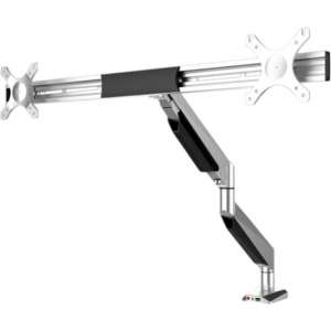 DESQ® Dubbele Monitorarm |Gasveer |2 Schermen|USB en 3,5 Jack |Zilver| Max 9kg/arm |Tafelklem|Beeldbellen